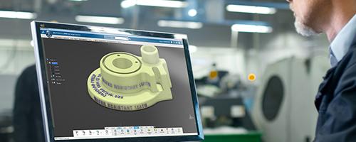 Logiciel de gravure Type3 utilisé pour projeter un texte gravé sur un composant industriel en 3D.